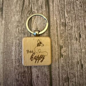 Bee Happy Wooden Keychain